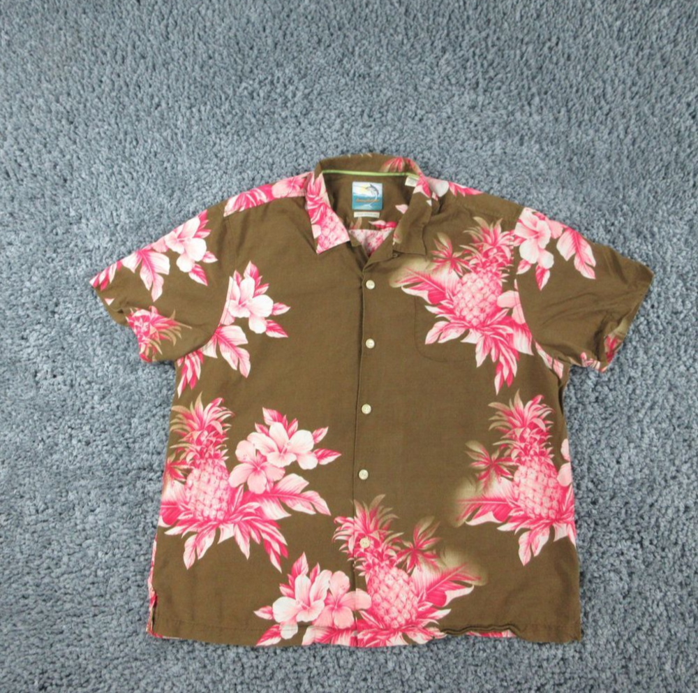 Tommy Bahama Shirt Mens XLX Green Pink Floral Silk Blend Short Sleeve
